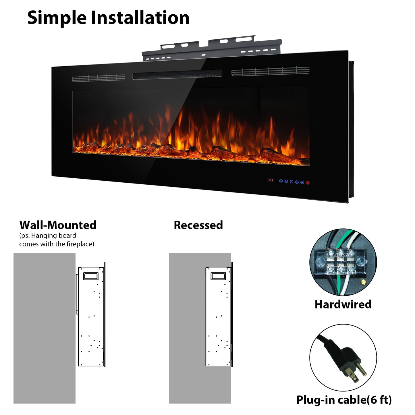 Dreamflame Electric Fireplace 40 inch Wide 26.5" High, Wall-Mounted & Recessed Fireplace Inserts, Multicolor Flame w/5 Dimmer, Remote Control Thermostat, Timer, Hardwire Connect, 1500W,Black