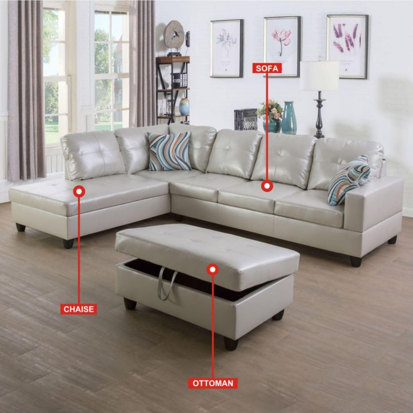 UOCFYK L-Shaped 3-Piece Semi PU Synthetic Leather Sofa with Storage Ottoman Set, Sectional Couch Sofa Set for Living Room, Office, Small Space, Grey
