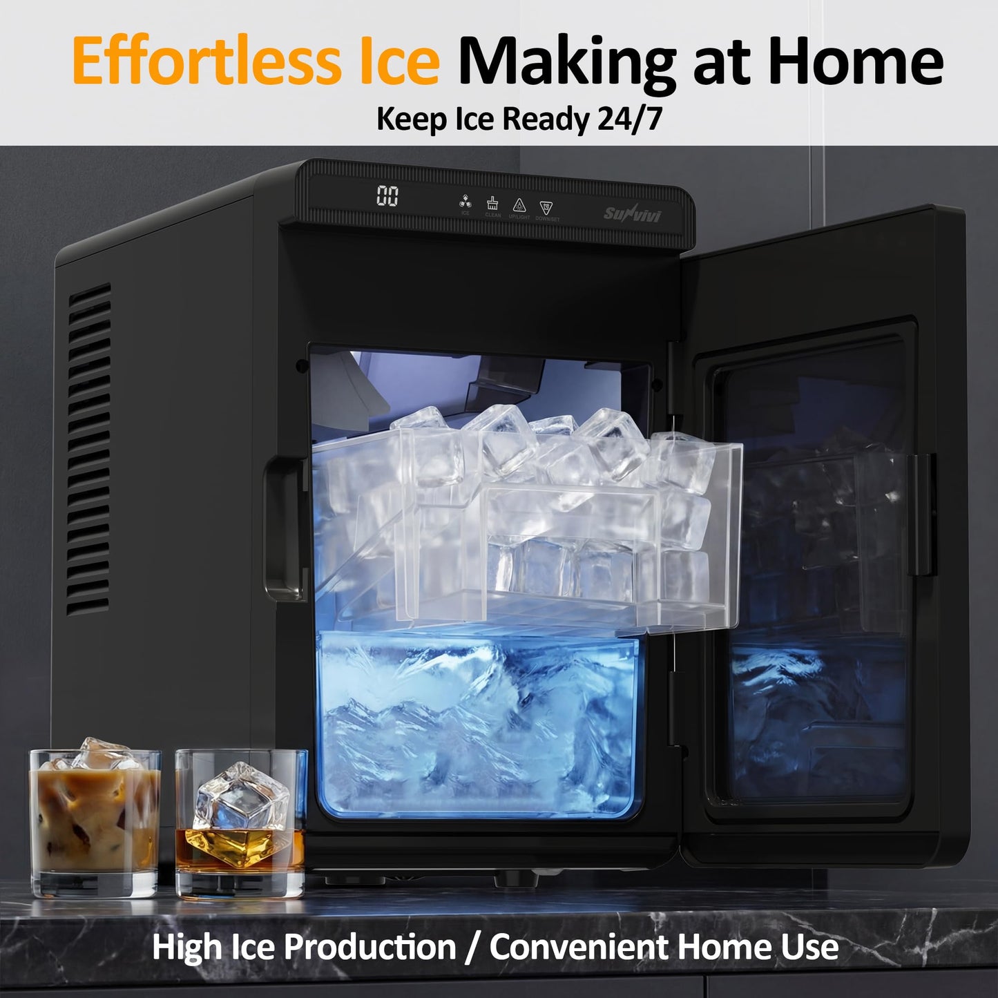 Sunvivipro Crystal Clear Ice Maker, Compact Countertop Ice Machine, 3 x 1.6 Ice Cubes in10-Mins, Self-Cleaning, LED Light & Timer, Portable Electric Ice Maker for Kitchen, Bar, RV, Black