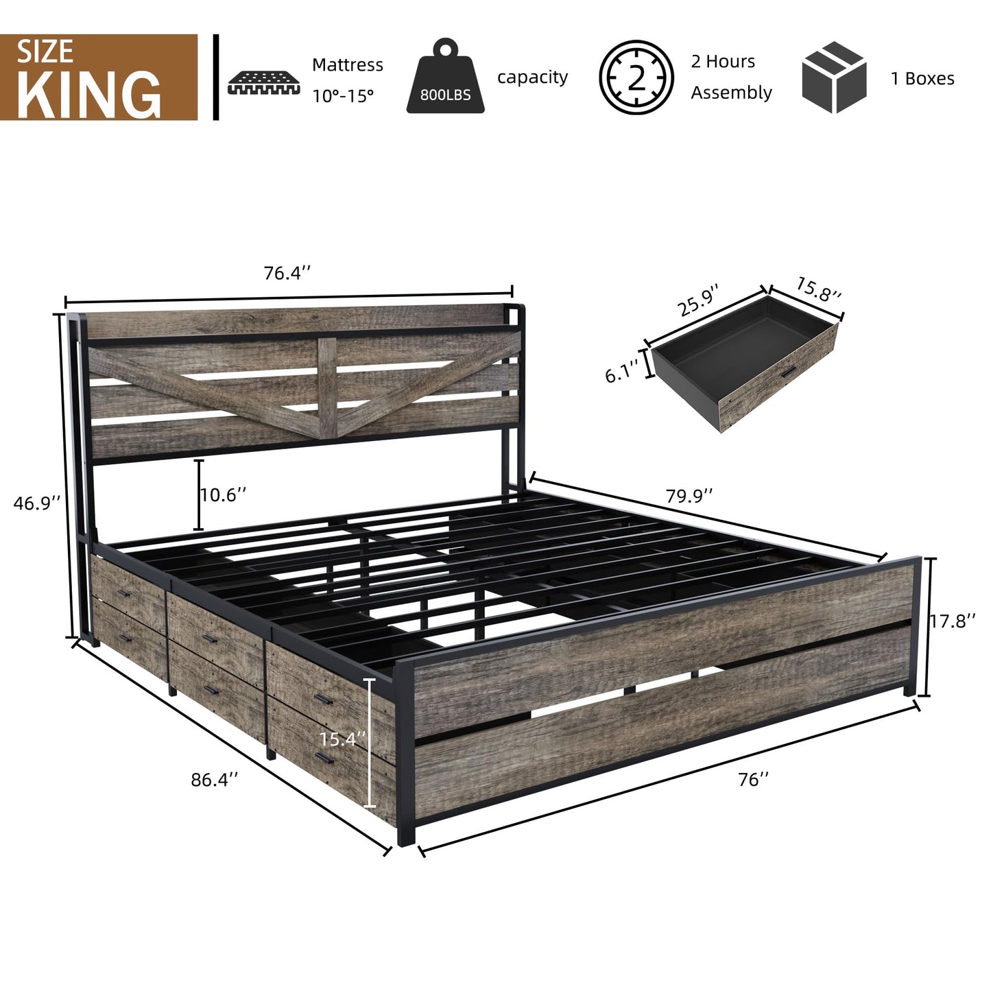 KEIKI King Size Bed Frame with Storage Headboard and 12 Drawers, Metal Platform Bed Frame with Charging Station, Noise Free Heavy Duty Mattress Foundation, No Box Spring Needed, Black