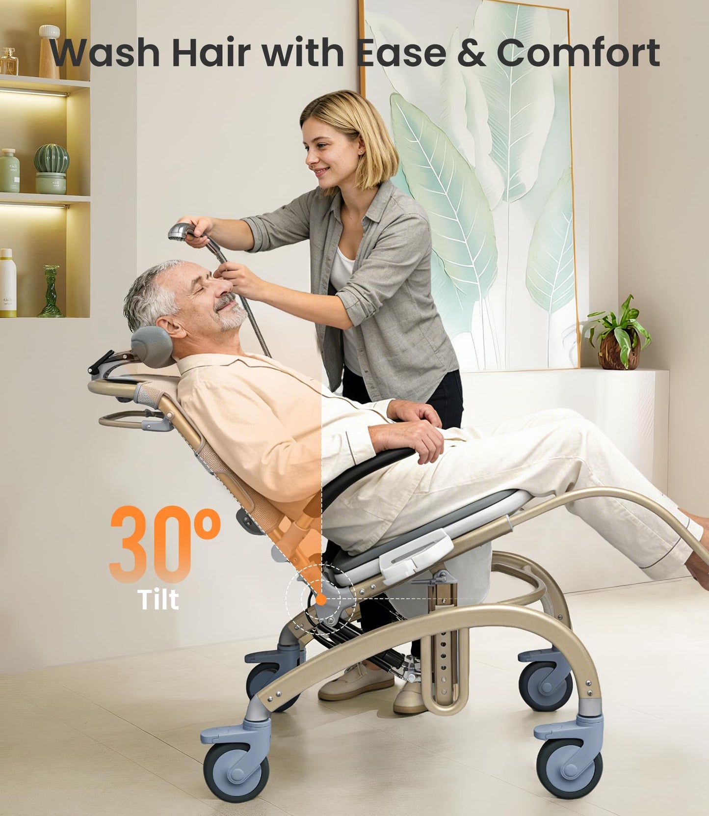 Vocic Reclining Shower Chair with Wheels for Elderly and Disabled, Height Adjustable Rolling Bath Chair with Drop Arms (300 lbs)
