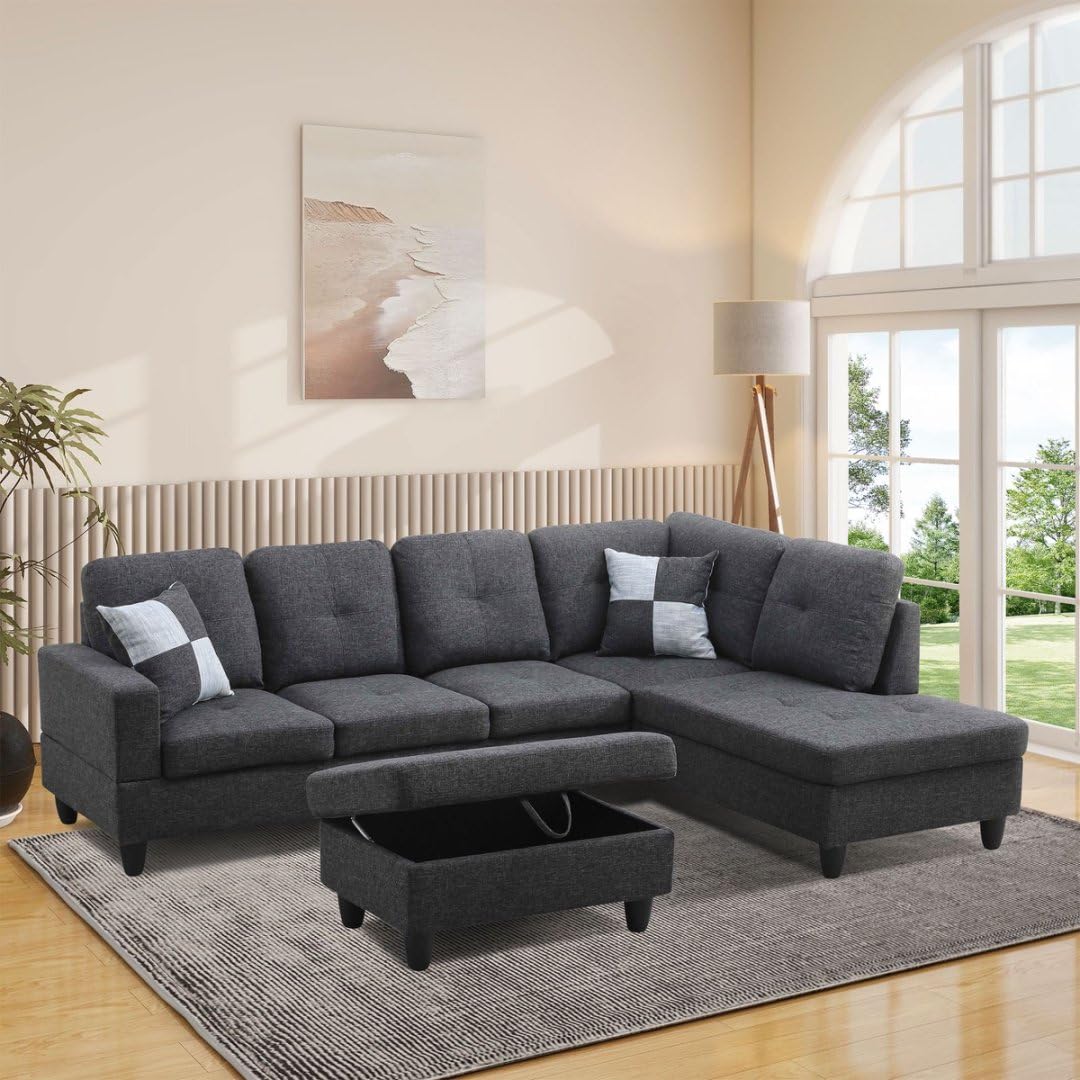 UOCFYK L-Shaped 3-Piece Flannel Sofa with Storage Ottoman Set, Sectional Couch Sofa Set for Living Room, Office, Small Space, Black Grey