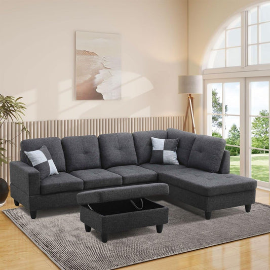 UOCFYK L-Shaped 3-Piece Flannel Sofa with Storage Ottoman Set, Sectional Couch Sofa Set for Living Room, Office, Small Space, Black Grey