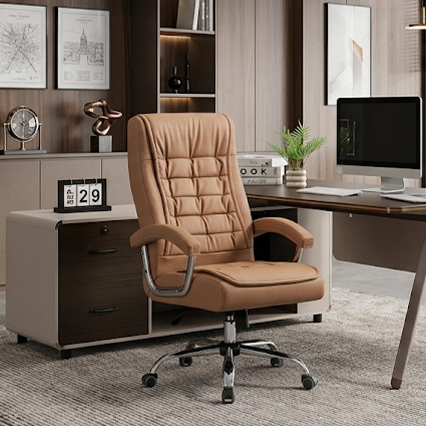 KEIKI Executive Office Chair High Back PU Leather Desk Chair with Spring Cushion, Ergonomic Swivel Computer Chair, Chrome Armrests, Adjustable Rolling Chair for Home Office, Camel