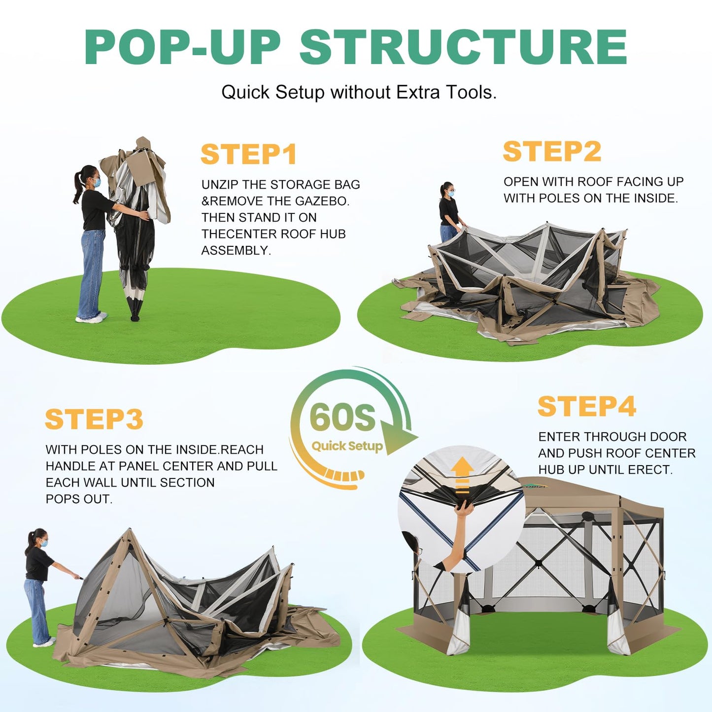 COBIZI 12x12 FT Pop Up Canopy Extendable Tent, Gazebos On Clearance, Screened in Gazebo,Screen Tents Portable carpas para Patio for Outdoor Camping,Backyard, Garden, Khaki(Upgraded)
