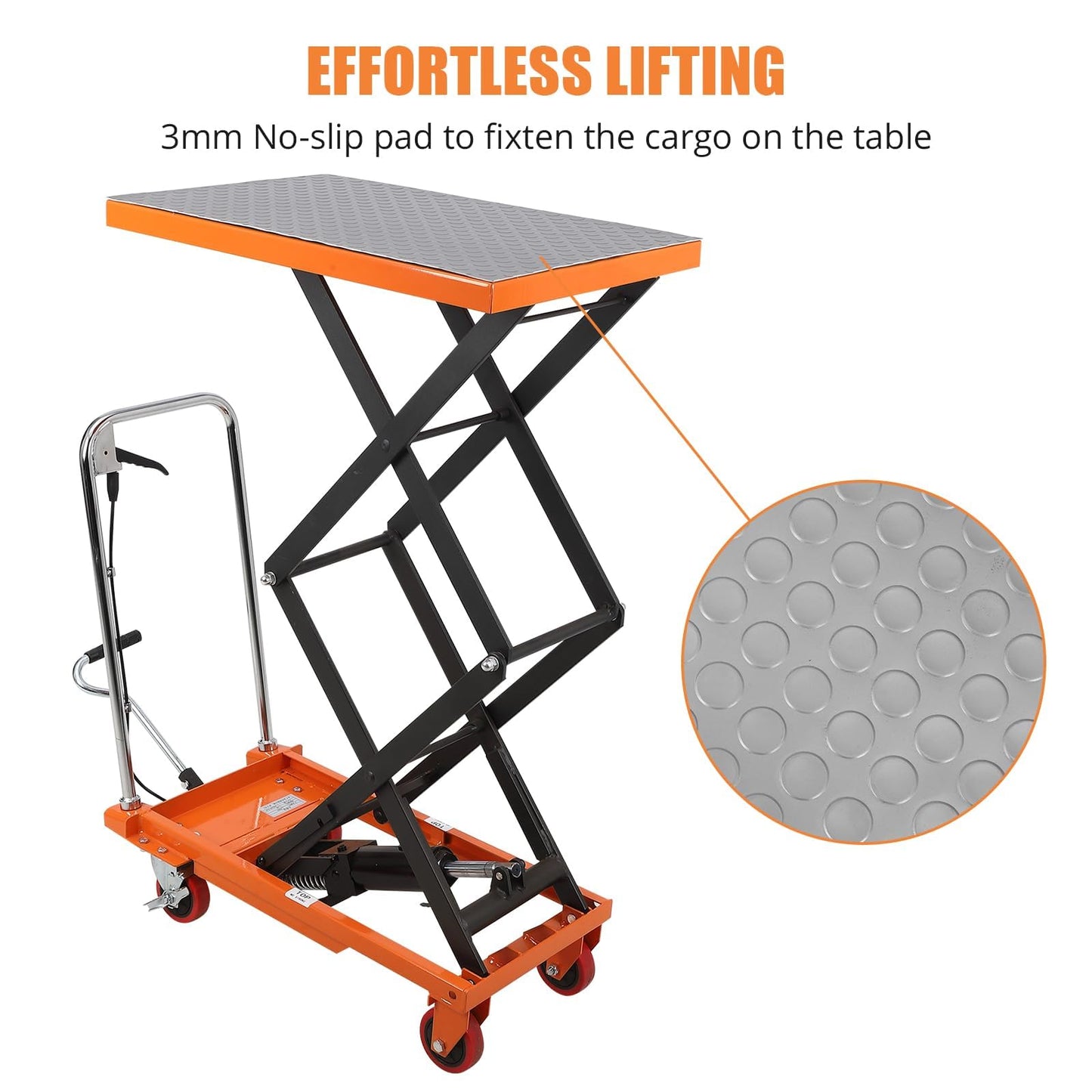 Garvee Manual Hydraulic Scissor Lift Table, 770lbs Capacity Double Scissor Industrial Cart with 4 Wheels, Anti-Slip Platform, 59" Max Height Adjustable Mobile Elevating Cart, Orange
