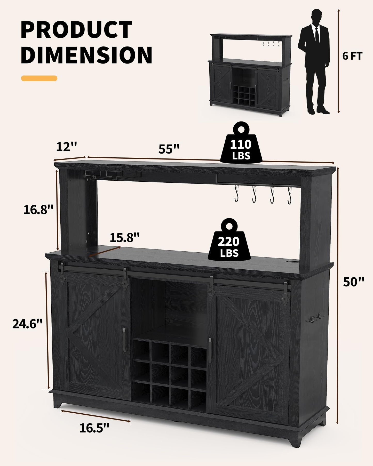 Hetoy Farmhouse Coffee Bar Cabinet 55" Tall with Sliding Barn Door, LED Light, Power Outlet – Storage Drawers, 12-Bottle Wine Rack, Ideal Coffee Hutch for Dining Room or Home Bar