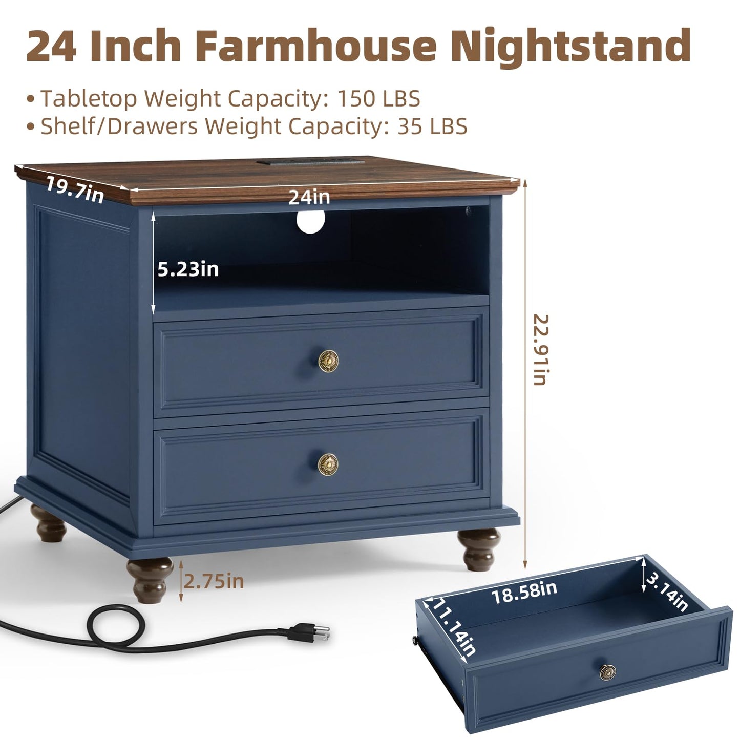 24" Wide Farmhouse Nightstand Set of 2 with Charging Station,End Table with 2 Drawers,Blue Wood Dresser for Bedroom Cabinet, Bed Side Table Chest of Drawers, Night Stand for Living Room, Closet