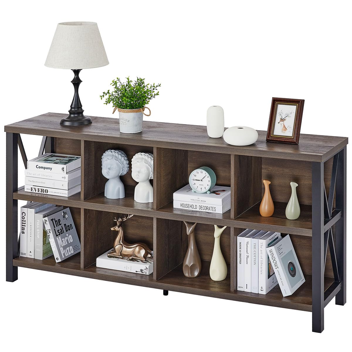 FATORRI 8 Cube Storage Organizer Bookshelf, 62 Inch Rustic Wood Horizontal Bookcase, Industrial Cube Long Book Shelf for Living Room, Home Office (Walnut Brown)