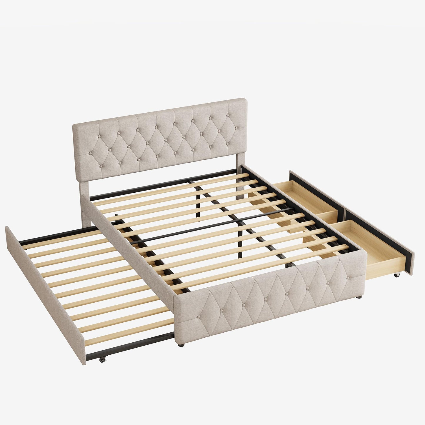 Ball & Cast Queen Bed Frame with Adjustable Headboard,Upholstered Platform Bed Frame Queen Size with 2 Wood Storage Drawers & Pull‑Out Trundle Bed,Wooden Slats Support,No Box Spring Needed,Taupe