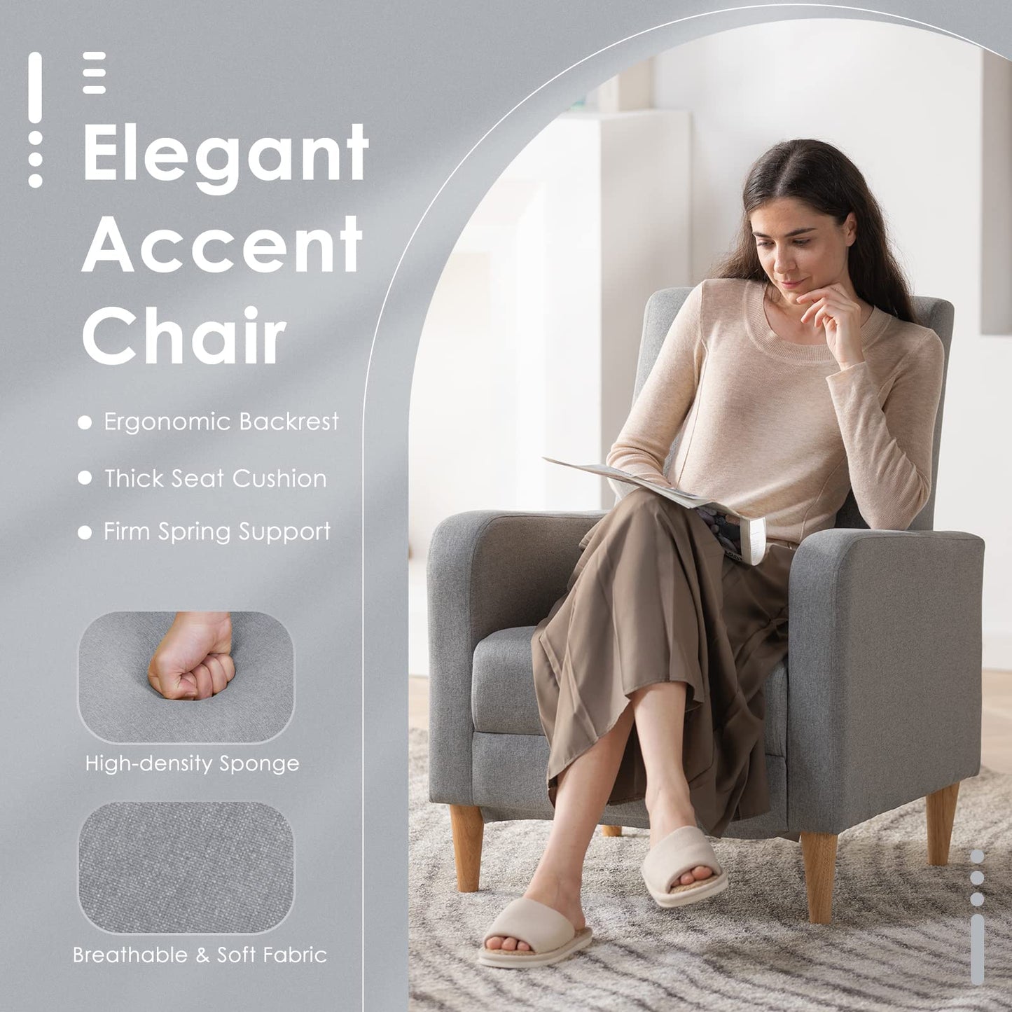 COLAMY Fabric Accent Living Room Chairs Set of 2, Upholstered Arm Chair Reading Side Chair, Single Sofa with Back Pillow and Wood Legs, Light Grey