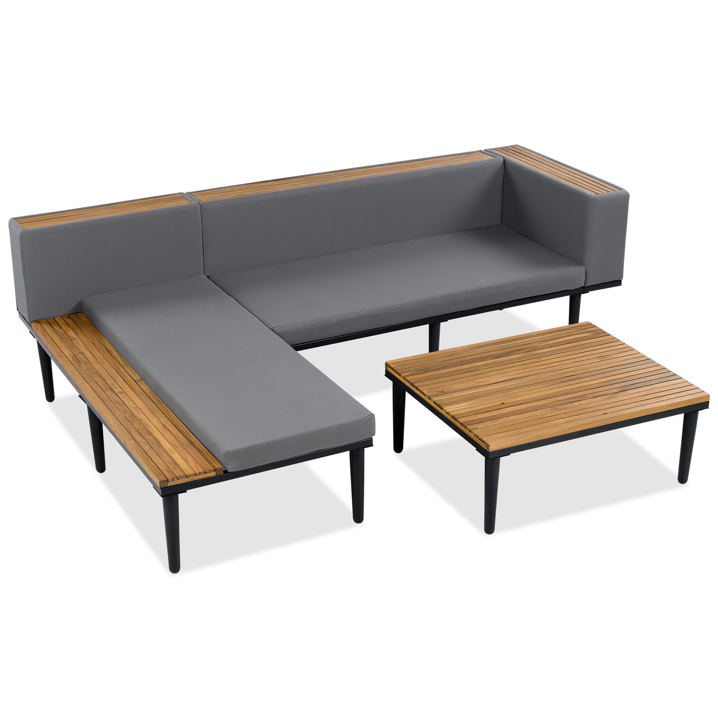 Luxury 4-Piece L-Shaped Outdoor Patio Sofa Set with Acacia Wood Side & Coffee Table, Removable Cushions & Pillows, Metal Frame, Comfortable Modular Conversation Sectional for Backyard, Porch, Gray