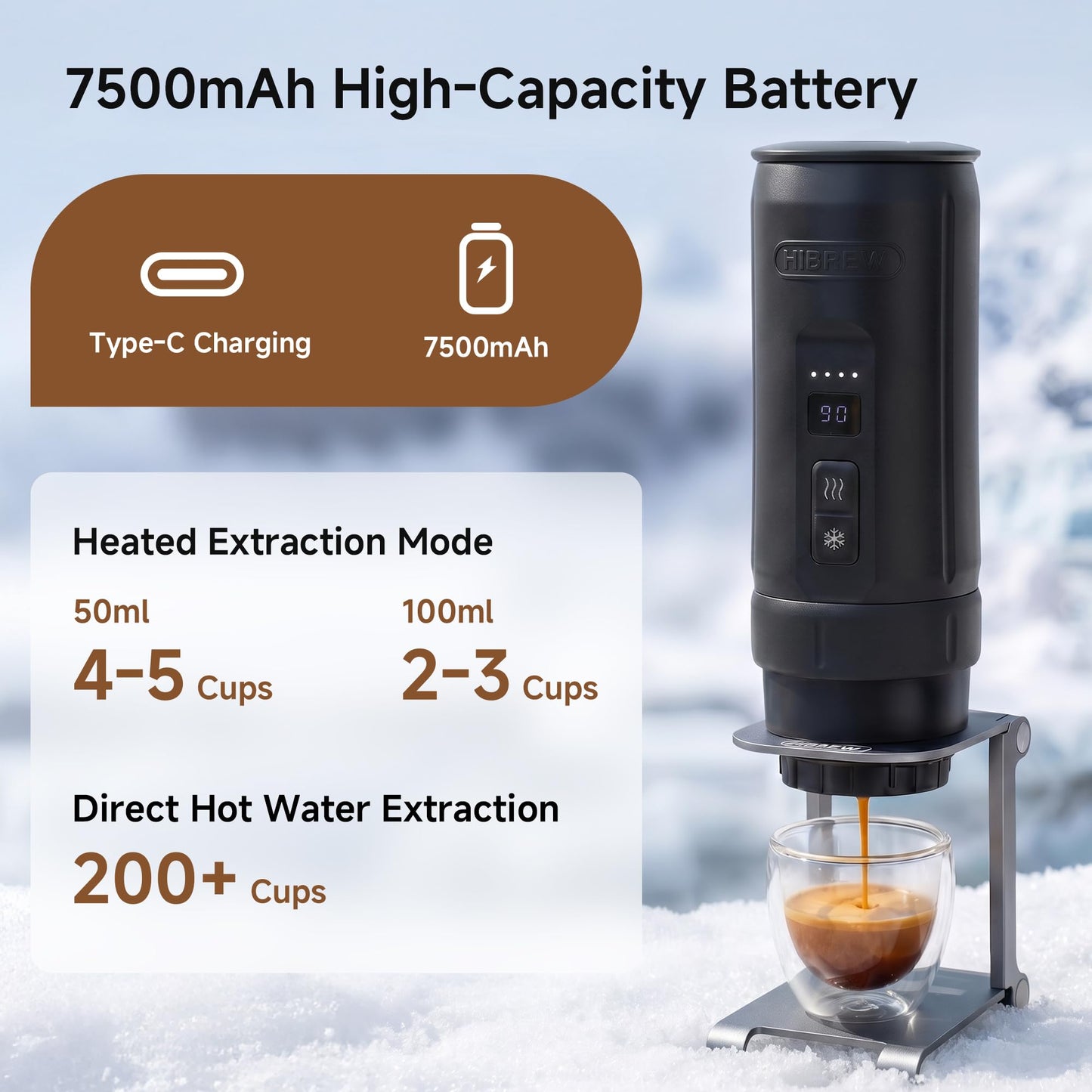 HIBREW H4C Explorer - Portable Electric Espresso Machine, USB-C Rechargeable Coffee Machine for Camping and Travel, Compact for Capsules & Ground Coffee, with Foldable Holder & Carrying Case (Black)