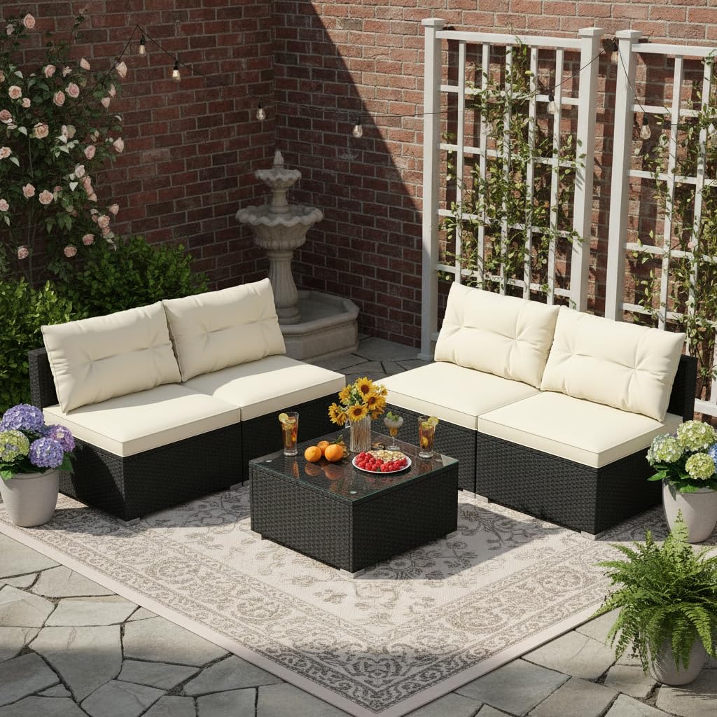 Tangkula 5 Piece Rattan Sofa Set, Patiojoy Outdoor Wicker Furniture Set with Seat & Back Cushions, Square Coffee Table, Patio Sectional Sofa Set for Backyard, Poolside, Garden