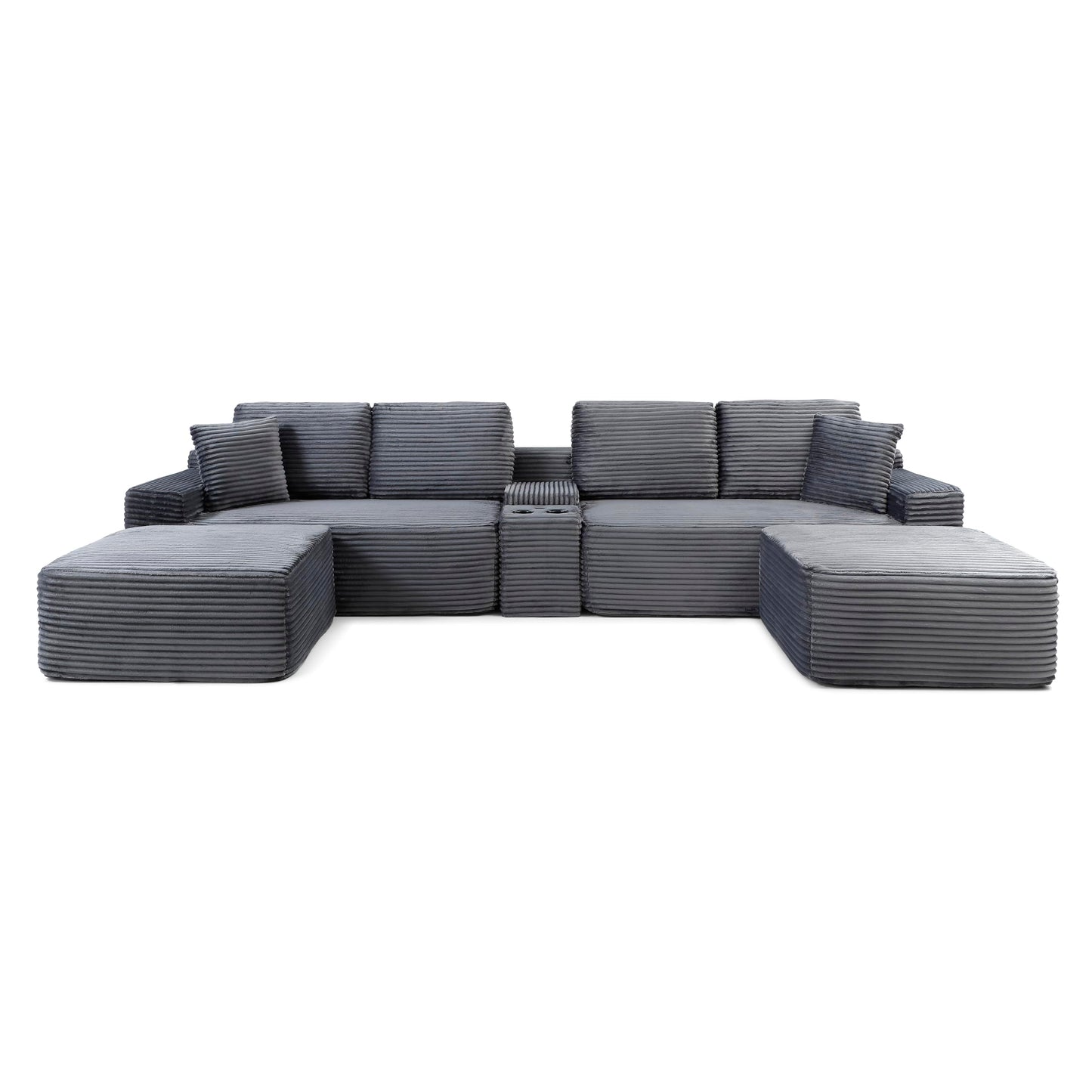 KEIKI 125" Corduroy Sectional Sofa with Two Ottomans, Upholstered Boneless Couch with Cupholders, USB Ports, Cloud Couch for Living Room, Bedroom, Office, Apartment, Gray