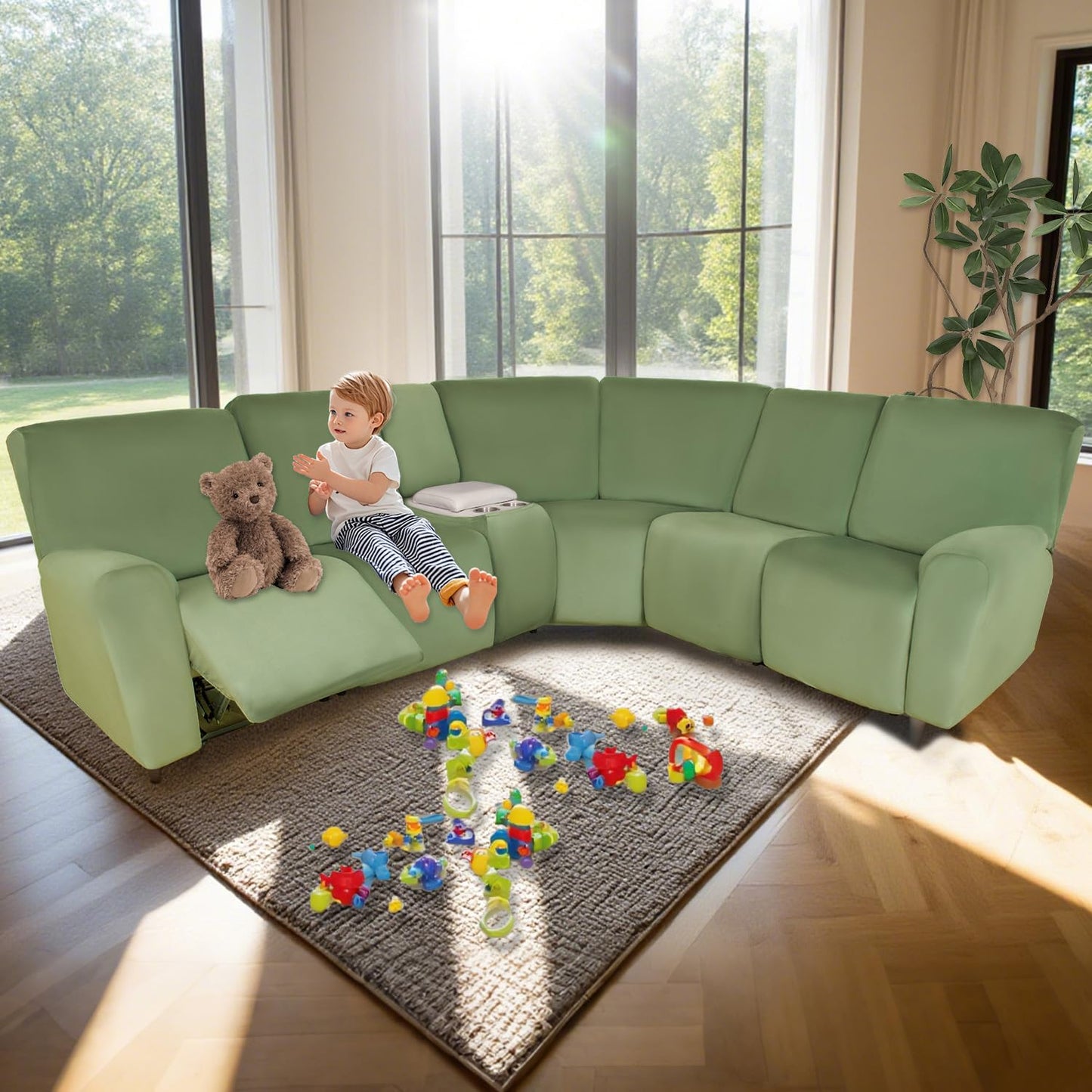 HDCAXKJ Reclining Sectional Couch Covers Velvet L Shaped Sectional Sofa Cover Washable Stretch Soft Corner Recliner Slipcover with Non-Slip Elastic Bottom (5 Seat and 2 Middle Console, Sage Green)