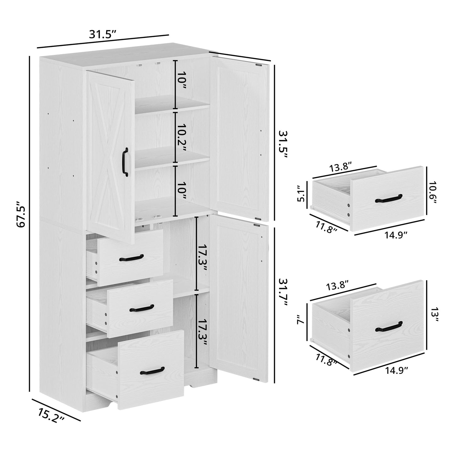 IRONCK Pantry Cabinet, 67.5 inch Tall Storage Cabinet with 3 Doors & Drawers, Farmhouse Kitchen Cabinet with Adjustable Shelves, 5 Tier Freestanding Cupboard for Kitchen, White