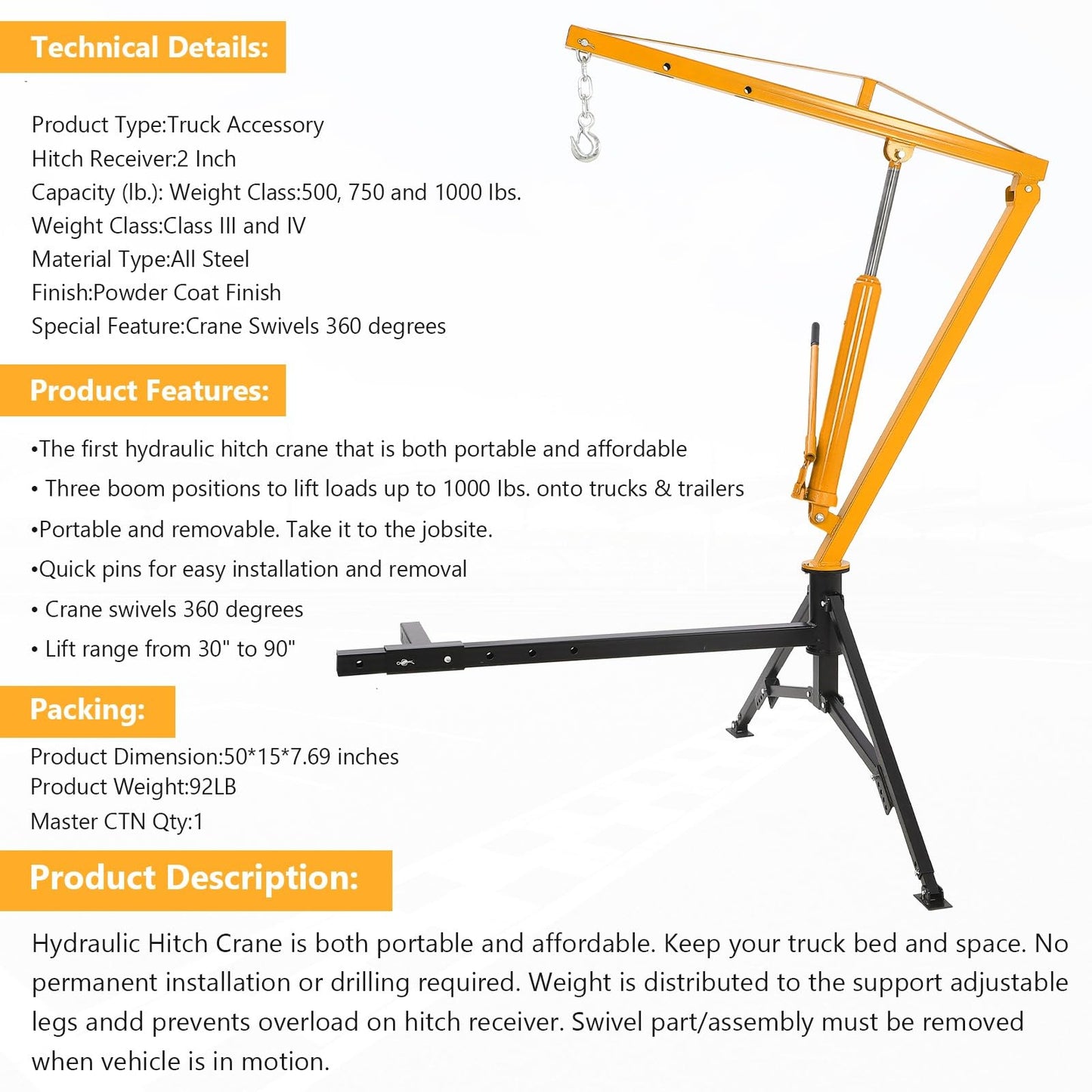 PioneerWorks Hydraulic Pickup Truck Crane, 360° Swivel Professional 2-Inch Hitch Receiver, 3 Adjustable Capacities: 500 Lbs, 750lbs, 1000 Lbs(Max) for Lifting Goods in Factory - Yellow