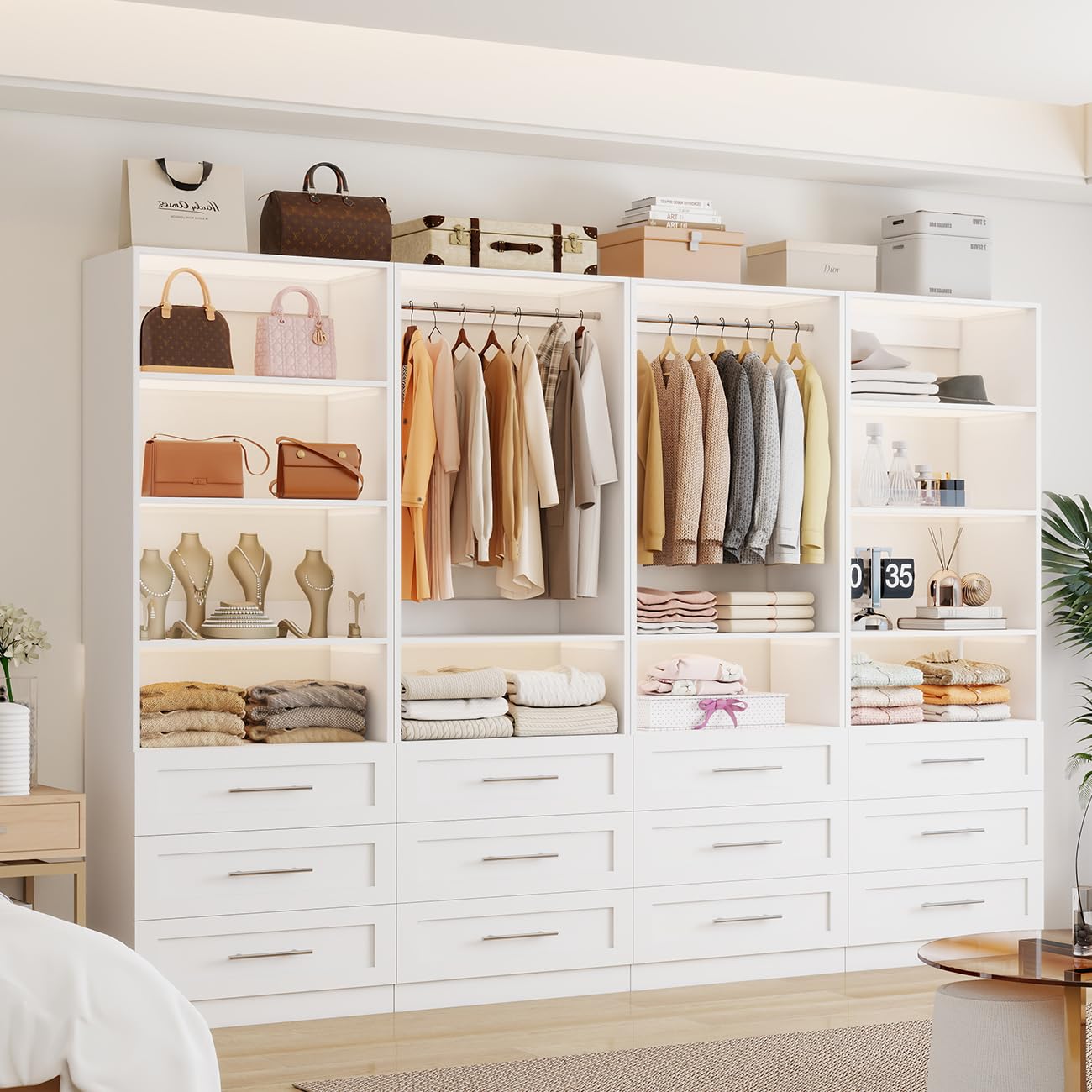Secilix Closet System with 12 Drawers, 96" Wood Closet Organizer System, Walk-in Closet or Small Closet System with Shelves, Modular Closet Systems with 6 Expandable Hanging Rods, 4 Sets, White (8FT)