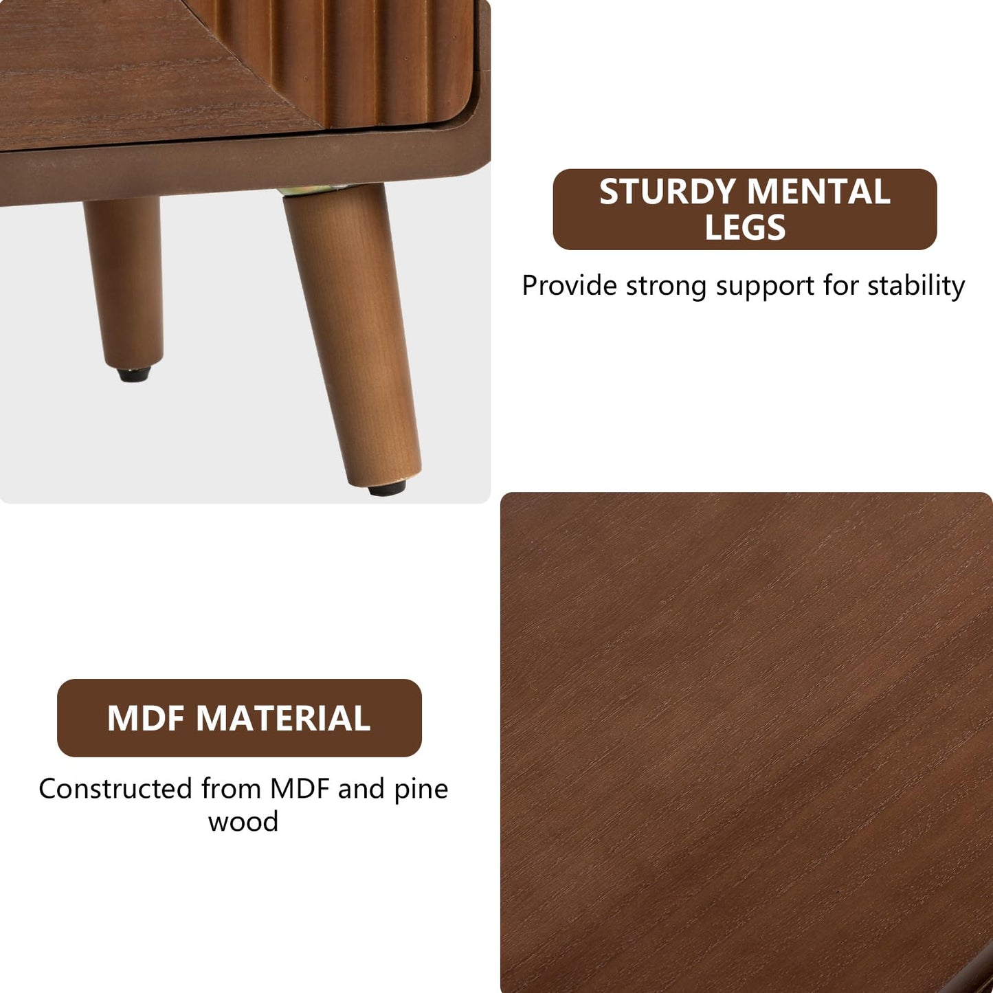 COSIEST Tall Nightstand with 3 Drawers, Mid-Century Modern Fluted Bedside Table, Walnut Wood Accent Cabinet with Storage for Bedroom, Brown