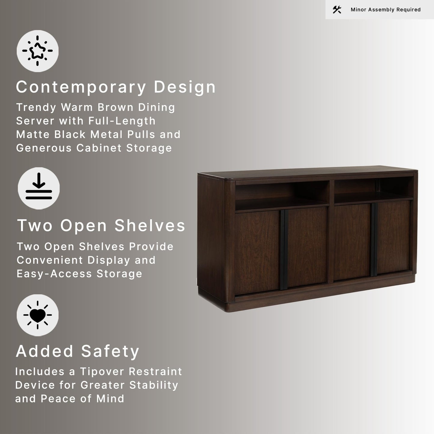 Signature Design by Ashley Yingden Dining Server, 60-Inch Sideboard Cabinet with Storage, Mango Wood Veneer, Buffet Table for Kitchen, Home Bar & Dining Room, Dark Brown