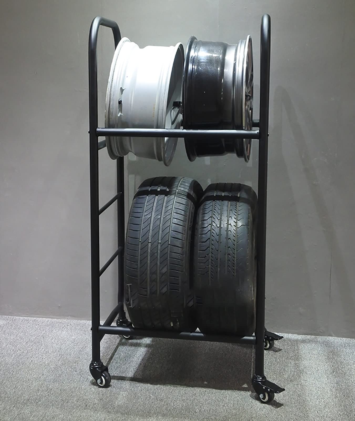 Tire Storage Rack for Garage, 2-Tier Black Tire Storage Rack, Freestanding Multi Tire Display System, for Garage, Carport, Shop, Sheds, for Holds 4 Tire with Rims
