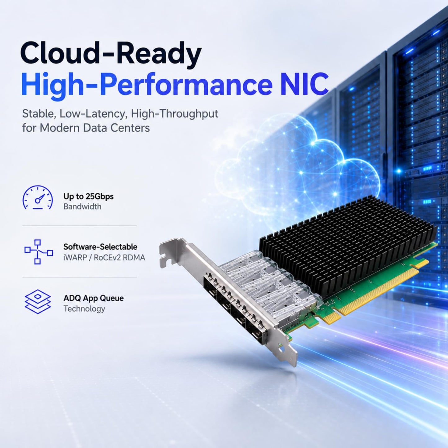 GLOTRENDS ST7342 4-Port 25Gb SFP28 Network Card with Intel E810-CAM1 Controller, RDMA iWARP & RoCEv2, Full Storage & Virtualization Offload for AI Cloud HPC Telecom Data Center