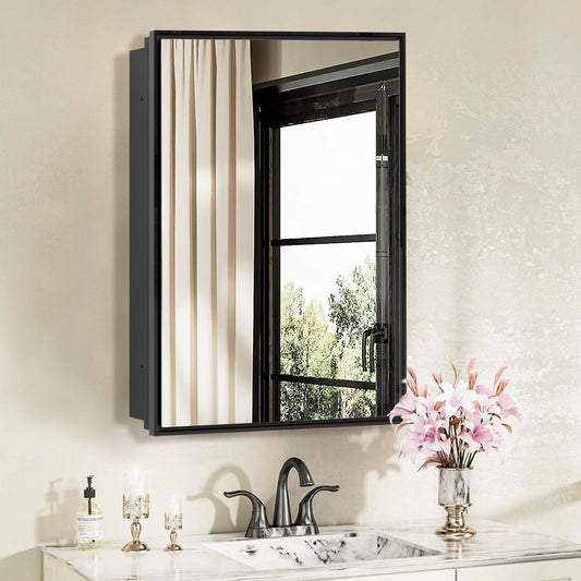 FOMAYKO 24x30 Inch Bathroom Medicine Cabinet with Mirror – Brushed Black Aluminum Frame, Surface Mount Single-Door Storage Cabinet, Black Bathroom Vanity Mirror Cabinet