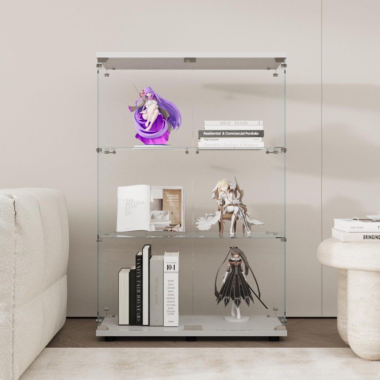 GDJAASJI Display Cabinet with Glass Door and Lock, 3-Shelf Fast Installation Curio Cabinets with 5mm Tempered Glass Floor Standing Bookshelf for Bedroom, Living Room (49" Hx 32" W x 14.3" D, White)