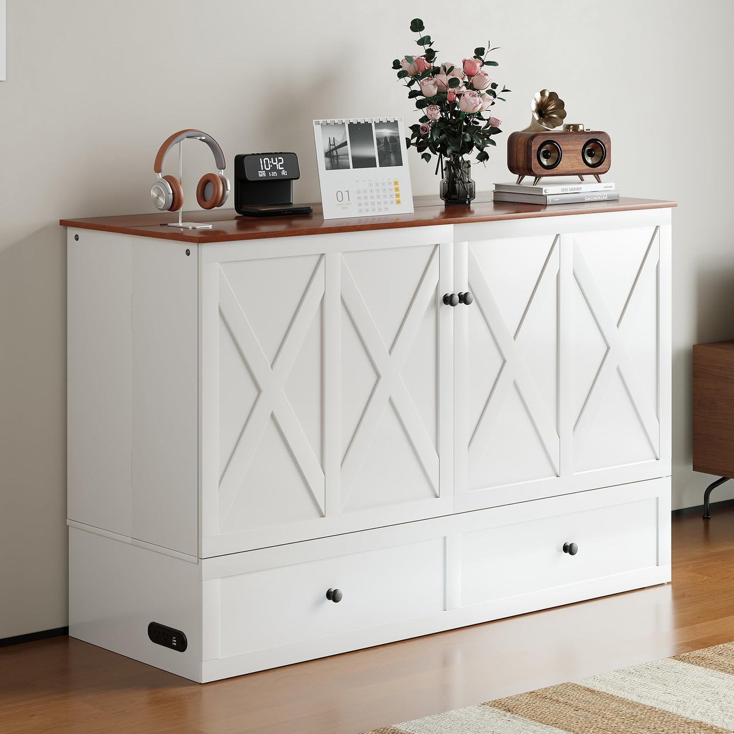 Mjkone Queen Murphy Bed with Tri-Fold Mattress, USB Charging Station & 2 Storage Drawers, Hidden Folding Chest Cabinet Bed, Space Saving Wall Beds for Bedroom Guest Room Living Room-White