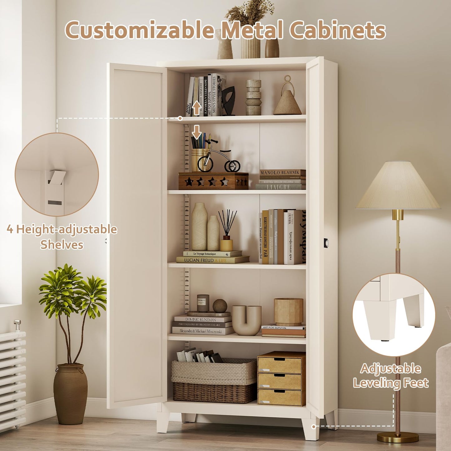 Zevemomo 71" Tall Metal Locking Cabinet with 4 Adjustable Shelves & 2 Doors, Steel Lockable Cabinet with 3-Digit Combination Lock, Secure Metal Pantry Cabinet for Home, Office, Garage, Beige