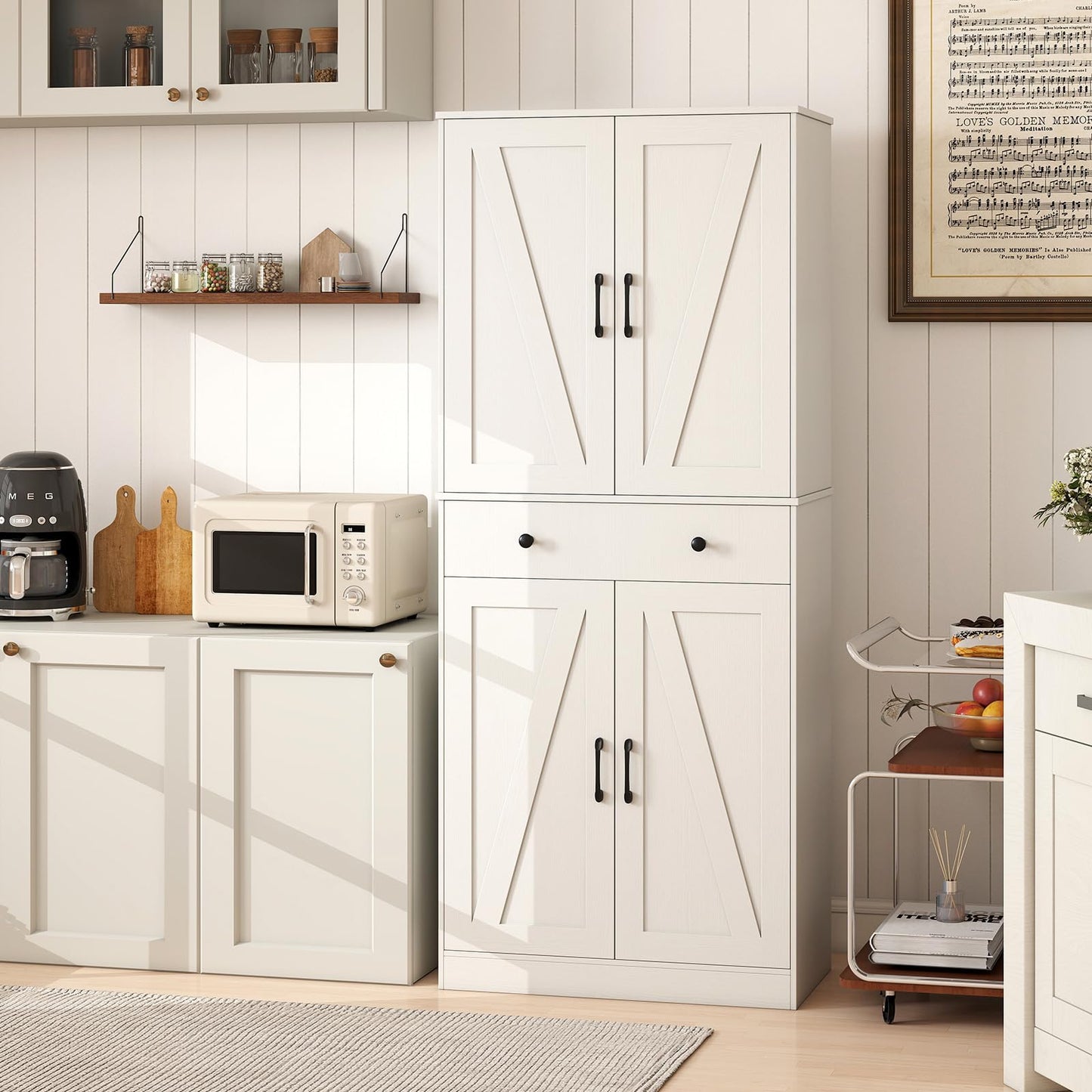 Giantex 72" Tall Kitchen Pantry Cabinet, Modern Farmhouse Pantry Storage Cabinet with 4 Barn Doors, Adjustable Shelves & Drawer, Buffet Cupboard with Living Room, Dining Room, Bathroom, White