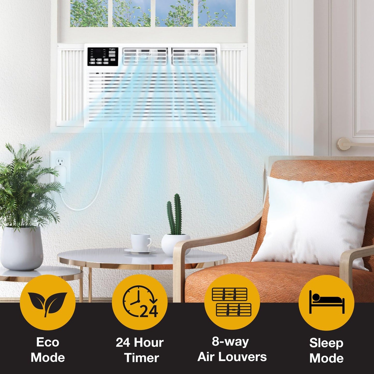 Whirlpool 12,000 BTU Through the Wall Air Conditioner, 115V, Cools up to 550 Sq. Ft for Living Room, Bedroom, Kitchen, Apartment, with Dehumidifier, Remote Control, Digital Display, 24H Timer, White