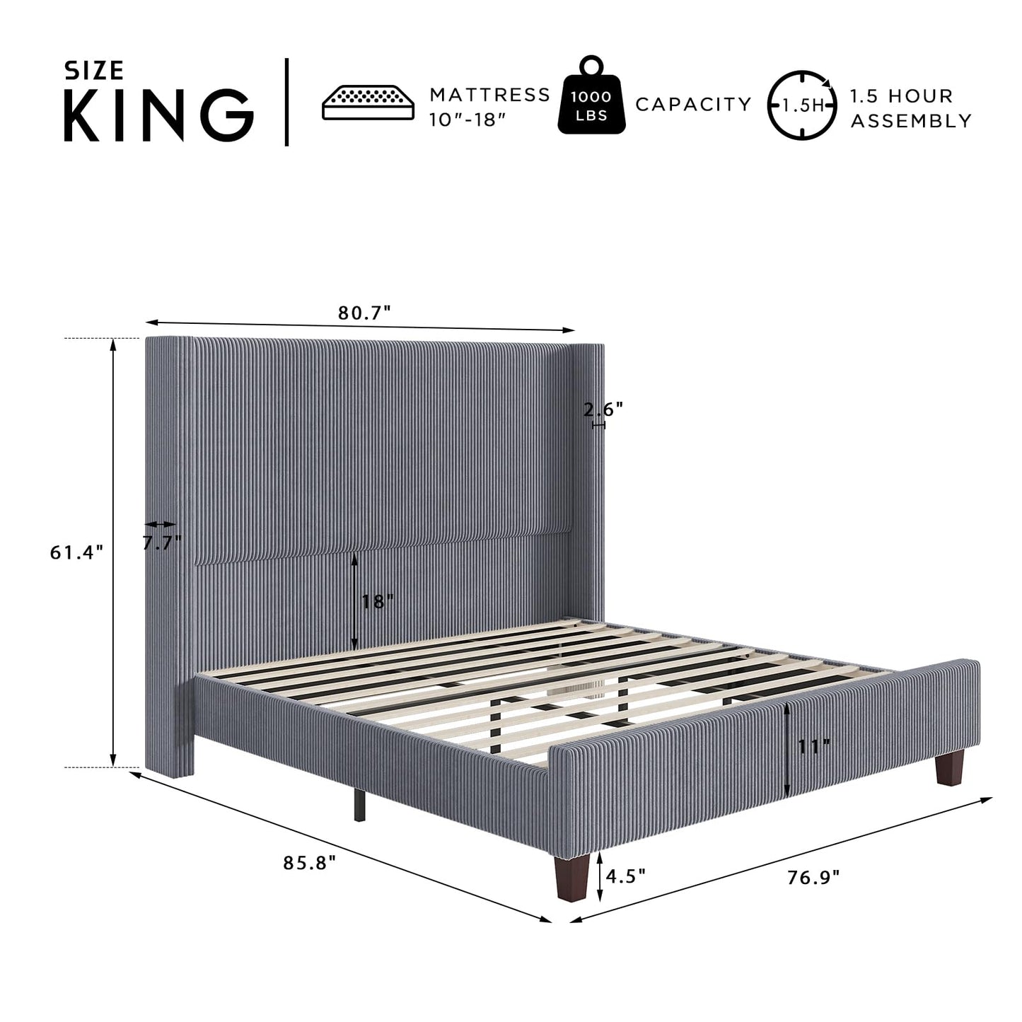 HOWE King Size Bed Frame with 61.4" Extra Tall Headboard, Corduroy Upholstered Bed with Vertical Wingback Headboard, No Box Spring Needed/Noise Free/Solid Wood Slats & Legs/Grey