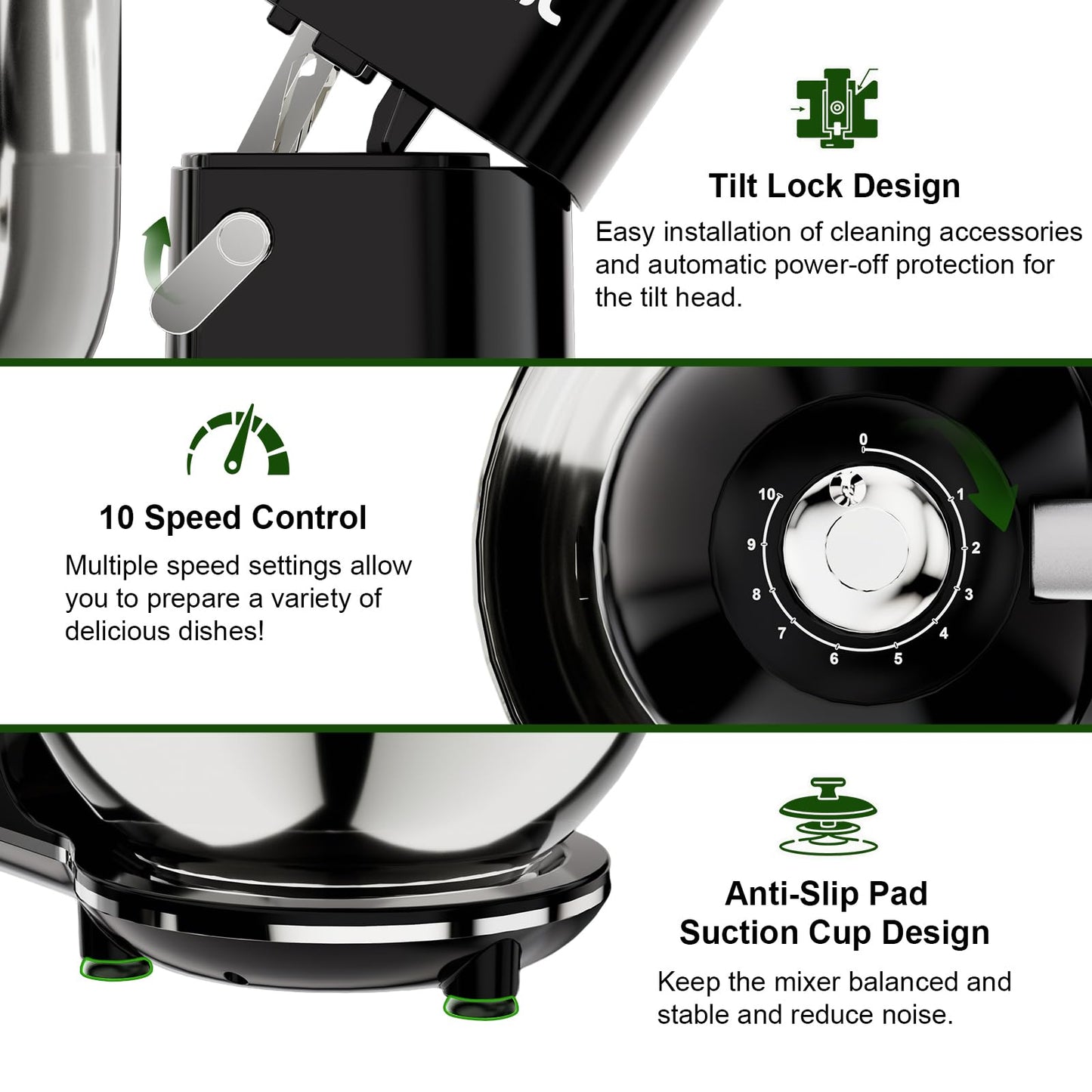Camic Electric Stand Mixer,7.45 QT,10 Speeds with Dough Hook,Whisk, Flat Beater Attachments, Splash Guard, Easy-Carry Top Handle,3-IN-1 Kitchen Mixer for Baking Cakes Cookie Bread Salad (Black)