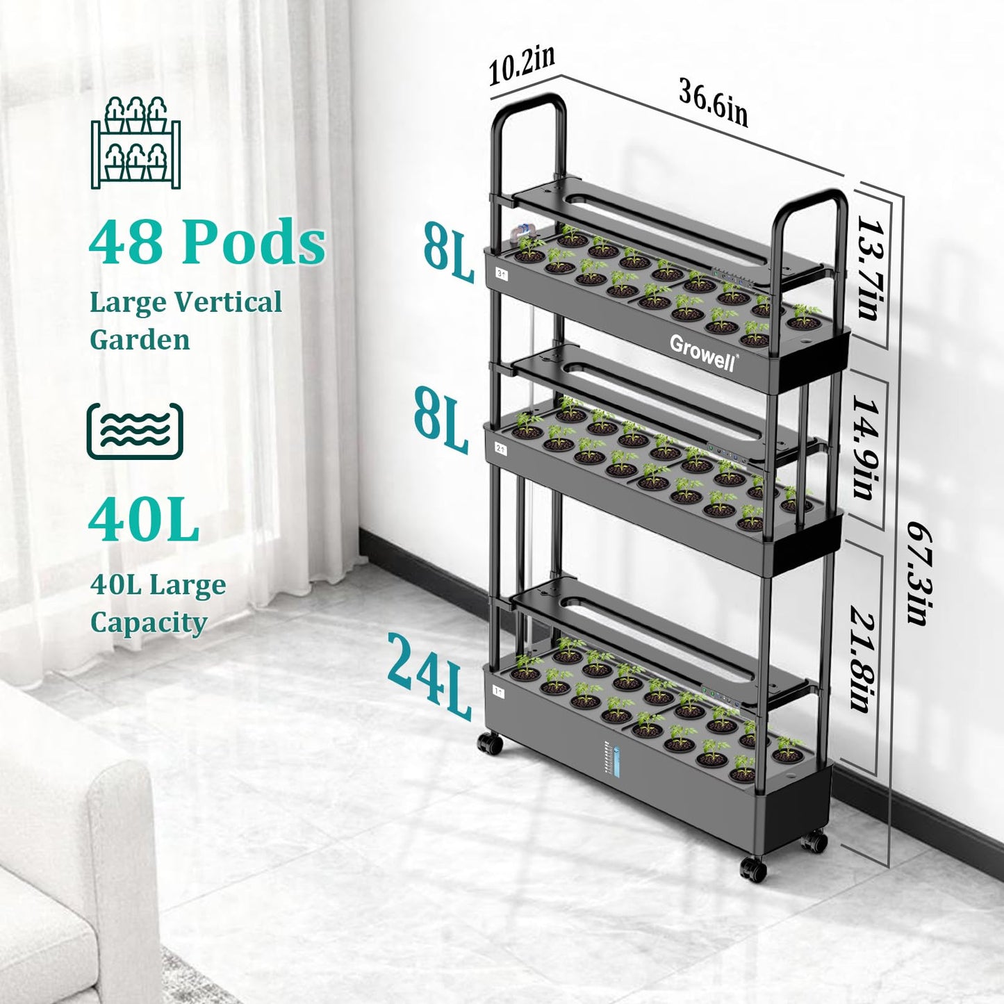 Growell Large Basket Hydroponics Growing System Kit, 48 Pods Vertical Hydroponic Garden with 2 Grow Light Modes, Auto Circulating Water System, 40L Indoor Gardening System for Herb Vegetable Fruit