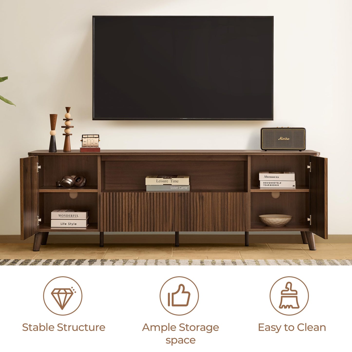 CHITA TV Stands for Living Room, Mid Century Modern TV Stand for 80 inch TV with Storage, Drawers, Adjustable Shelves, Walnut