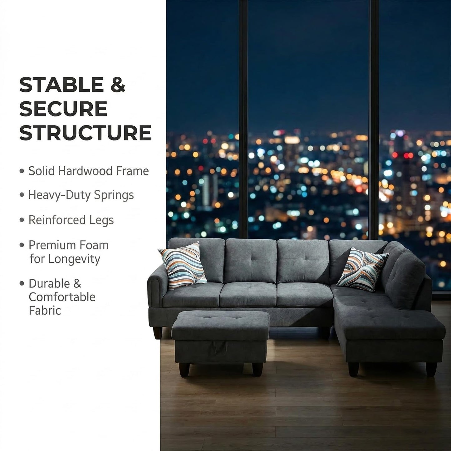Trygoal L-Shape Sofa with Storage Ottoman, Fluffy Fabric Sectional Couch with Right Chaise, Modern 3-Piece Sofa Set for Living Room, Upholstered Couch Set with Solid Wood Frame, Dark Grey
