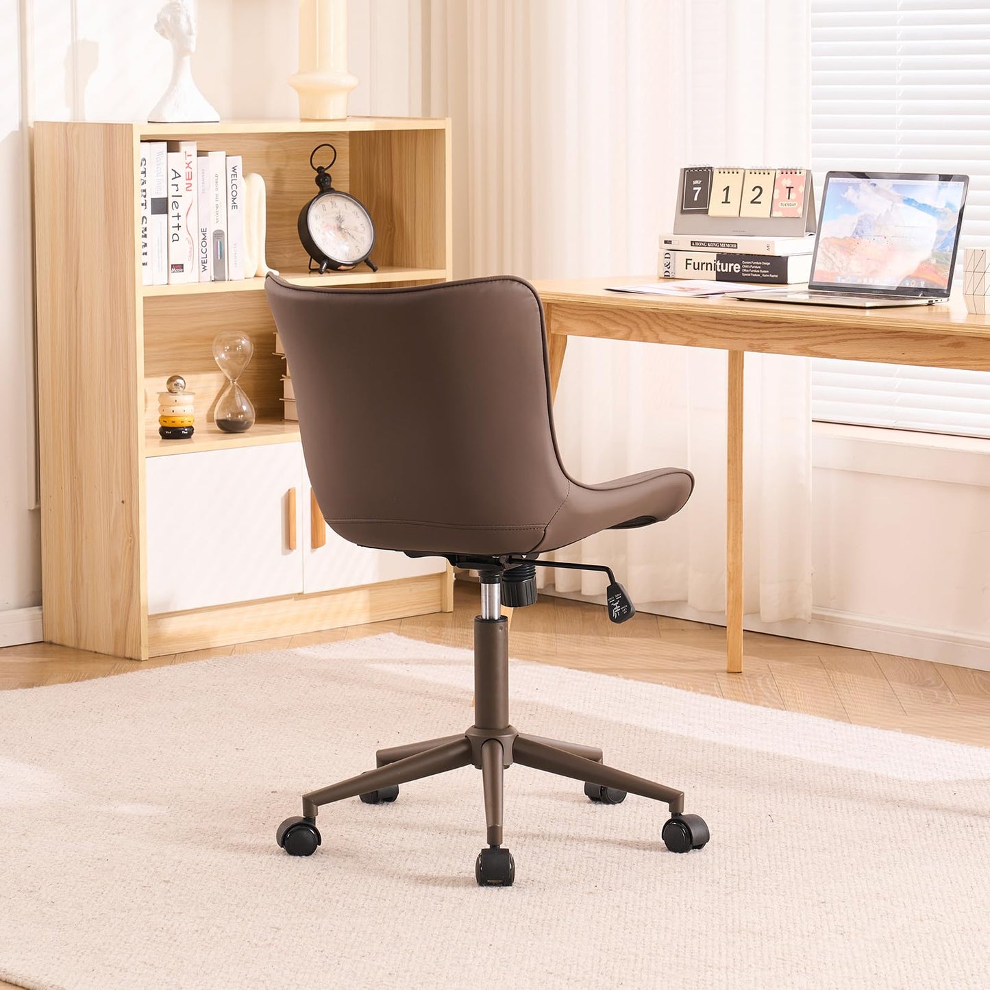 YOUTASTE All Cream Office Chair, Modern Armless Desk Chair with Back, Adjustable Swivel Rolling Faux Leather Task Chair with Wheels Metal Base for Home Office, Study, or Vanity