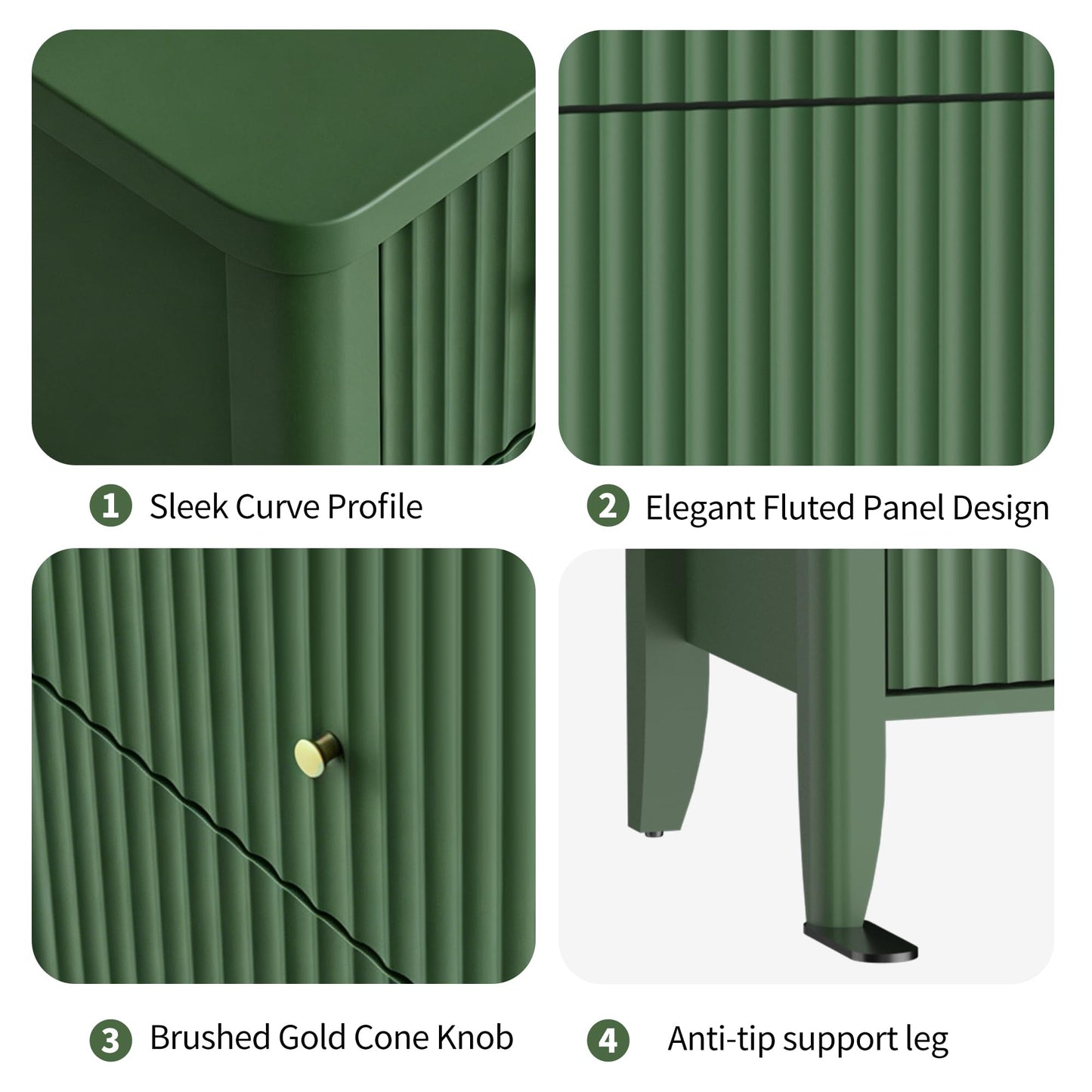 Fatmok Fluted 3 Drawer Dresser for Bedroom Set of 2, 34" Wide Chest of Drawers, Modern Wood Nightstand End Table with Metal Handles, Striped Storage Cabinet for Living Room, Hallway, Entryway, Green