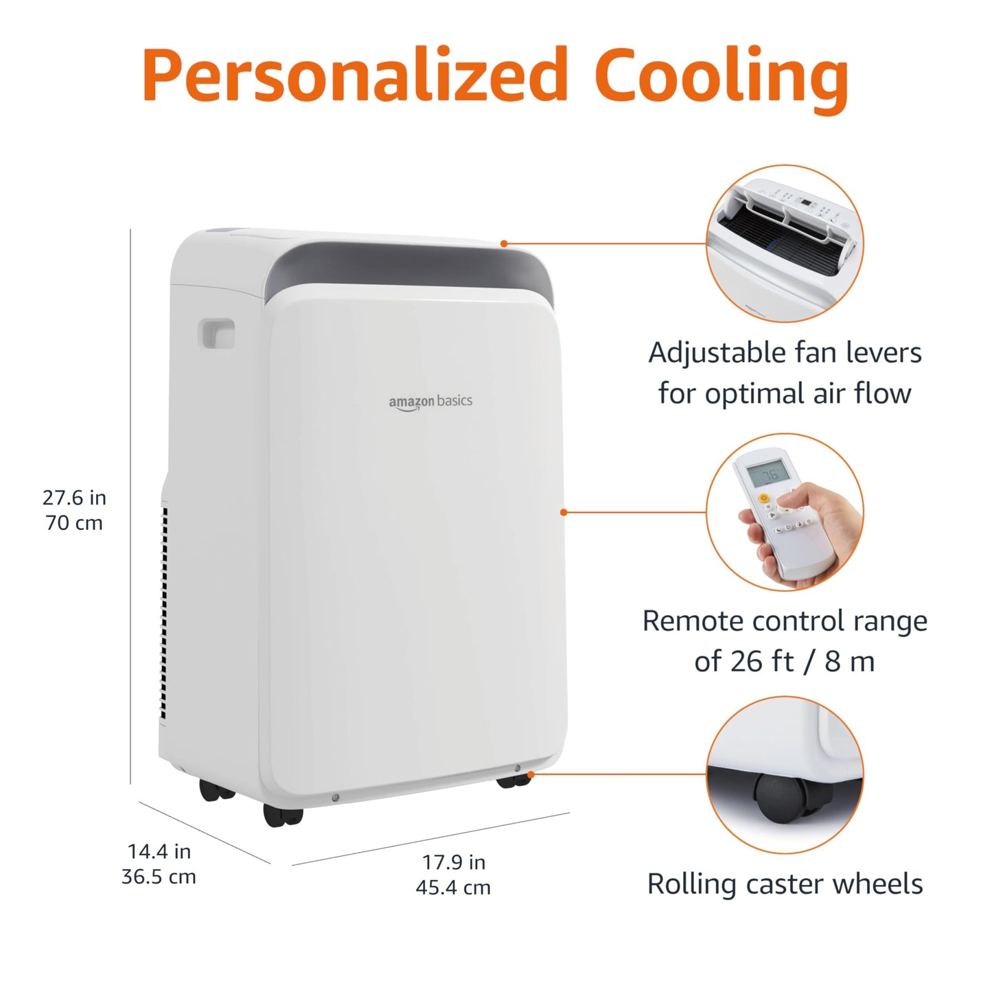 Amazon Basics 3-In-1 Portable Air Conditioner with Follow Me Remote, Timer, Sleep Mode, Auto Swing, Dehumidifier, 12000 BTU (ASHRAE), Cools Up to 550 Sqf Bedroom, White