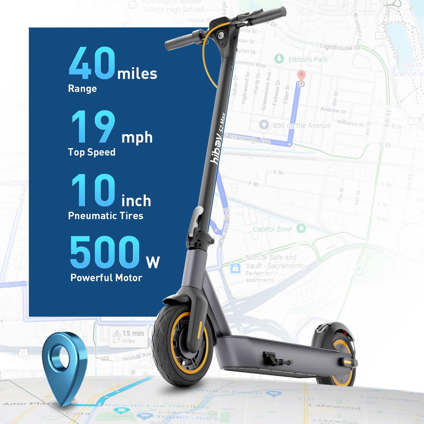 Hiboy S2 MAX Electric Scooter, 40.4 Mi Long Range & 19 MPH, 650W MAX Motor Power, 10'' Pneumatic Tires, Split Hub Set, Dual Braking System and Cruise Control, Foldable Commuter E-Scooter