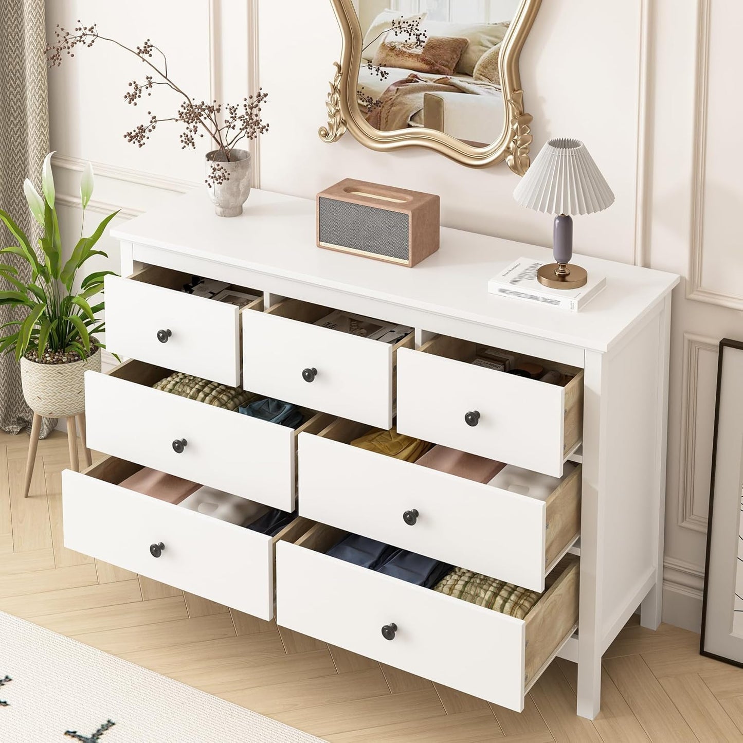 LYNSOM White Dresser for Bedroom with 7 Drawers, 47'' Wide Modern Chest of Drawer with Black Handles, Wood Storage Dresser TV Stand Dressers for Closet, Living Room, Kids Room, Entryway