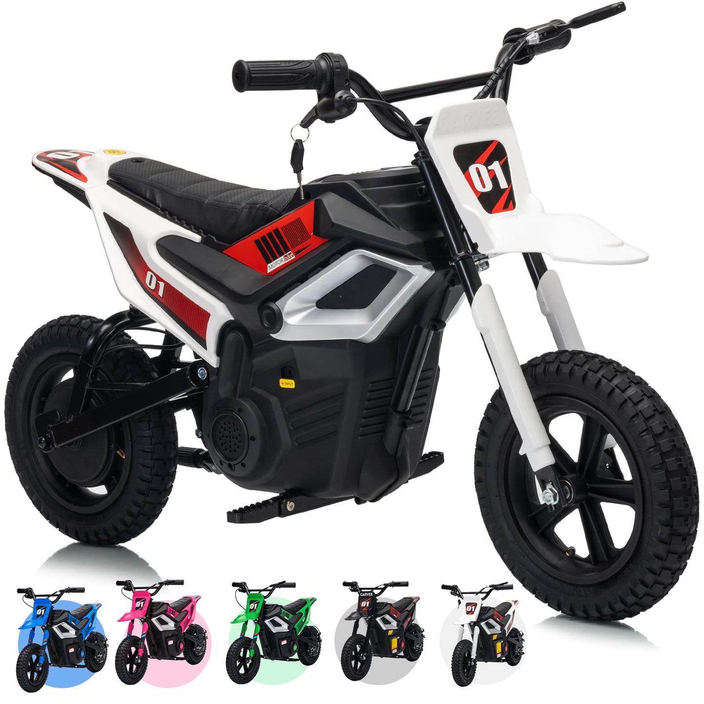 Garvee 24V Kids Electric Dirt Bike - 350w Kids Motorcycle, 13.67 Mph Max Speed Electric Bike for Kid, Rear Wheel Suspension, 12 Miles Range, Twist Grip Throttle, Rubber Tire, White