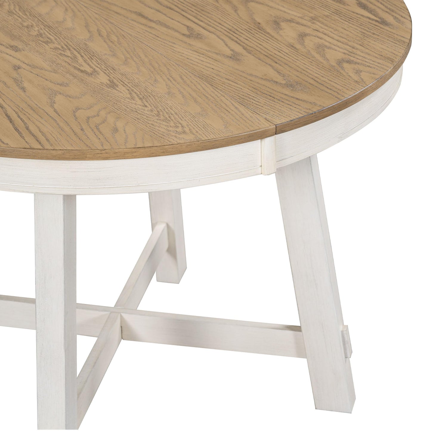 GDFStudio 42"-58" Farmhouse Extendable Dining Table for 4-6, Solid Wood Round Dining Table with 16" Leaf & X-Shaped Base, Kitchen & Dining Room Table, Space Saving, Oak Natural Wood+Antique White