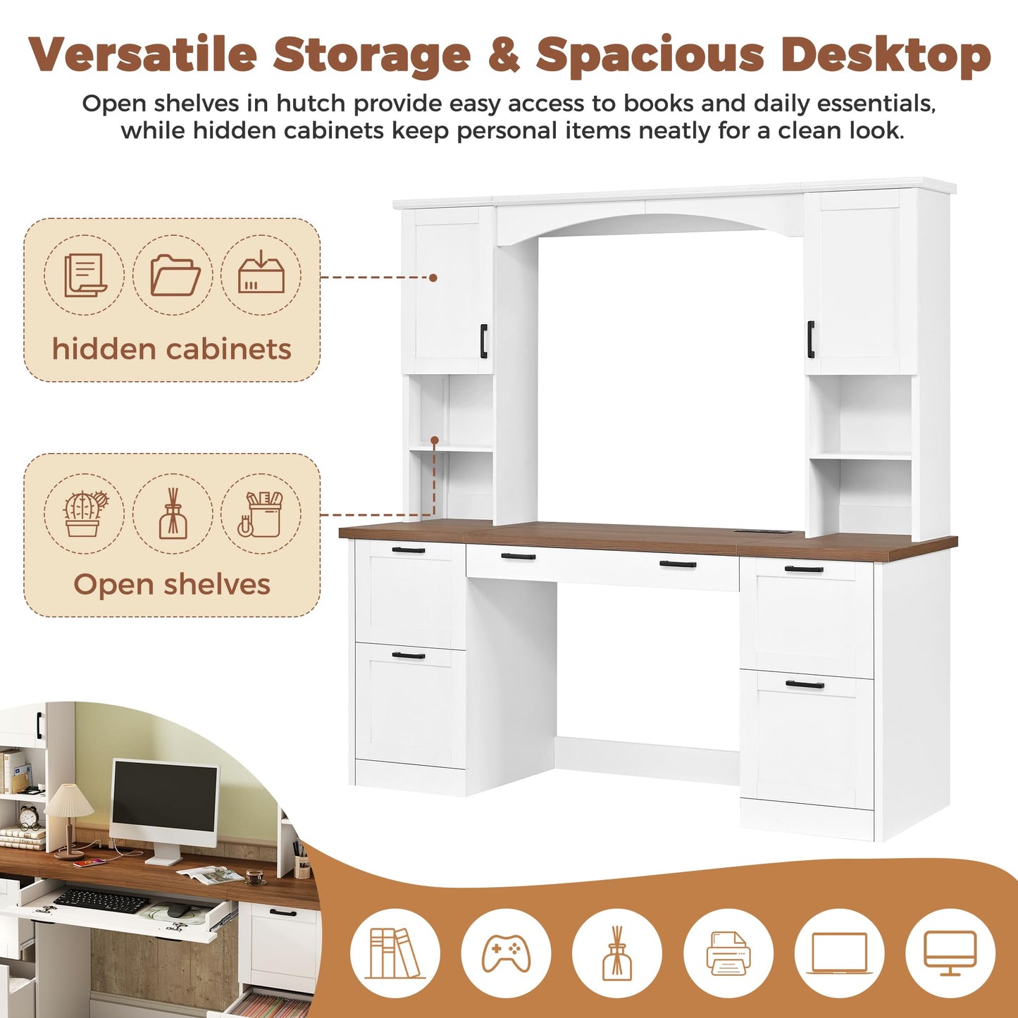 Merax Farmhouse Arched 67" Computer Desk with Power Outlets & Keyboard Tray, Wood Executive Home Office Desk with Hutch, Writing Desk with Storage Drawers for Working Study, White