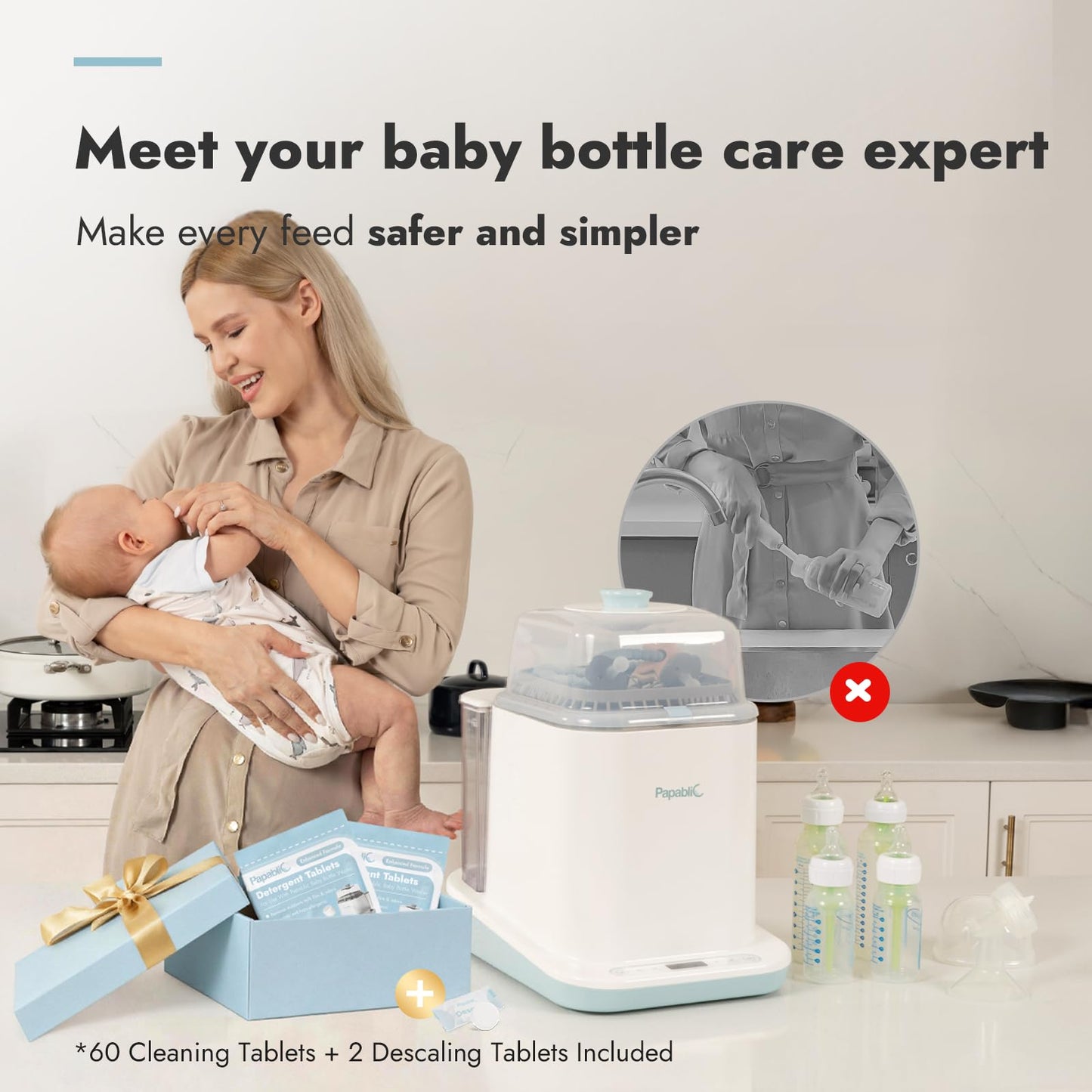 Papablic Bottle Washer Pro, Bottle Washer & Sterilizer & Dryer, 4-in-1 Sanitizer for Bottles, Pump Parts, C-Section& Baby Essentials - Quick & Clean with 60 Detergent Tablets