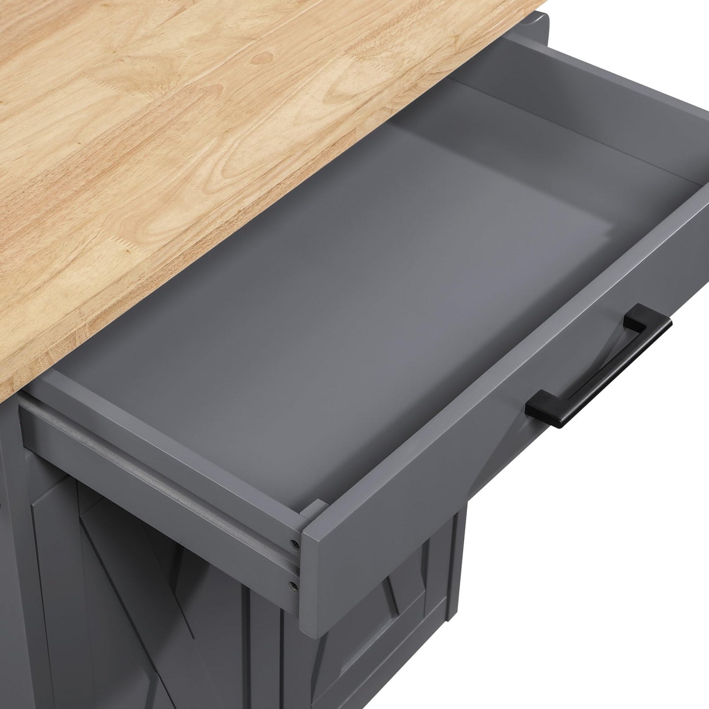 OSP Home Furnishings Bolten Farmhouse Kitchen Cart with Butcher Block Top, Rolling Island with Storage Cabinet and Drawer, 35.5H x 32W x 19D inches, Grey