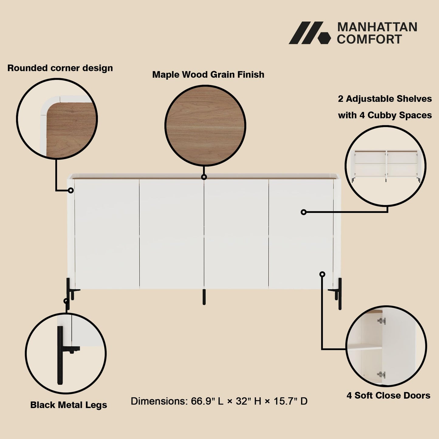 Manhattan Comfort Abbey 67" Sideboard Cabinet, Modern Console Table with Storage, Adjustable Shelves, Kitchen Buffet, Soft Close Doors, Handle-Free Design, Elevated Metal Legs, Maple and Off White