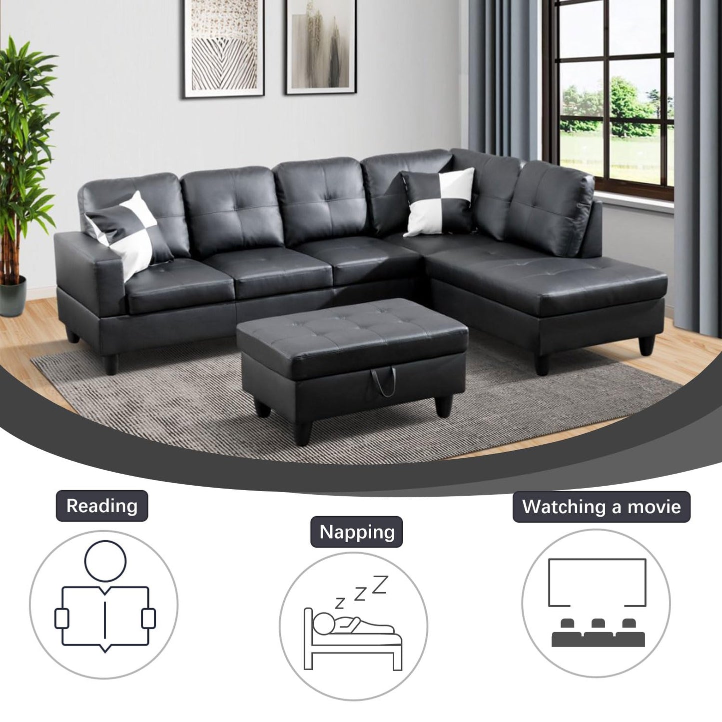 UOCFYK Black L-Shaped 3-Piece Faux Leather Sofa with Storage Ottoman Set, Sectional Couch Leather-Like Sofa Set for Living Room, Office, Small Space